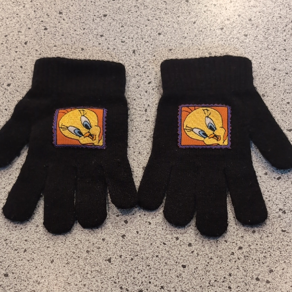 Vintage 1999 Kids Tweety Bird Looney Tunes Black Winter Gloves